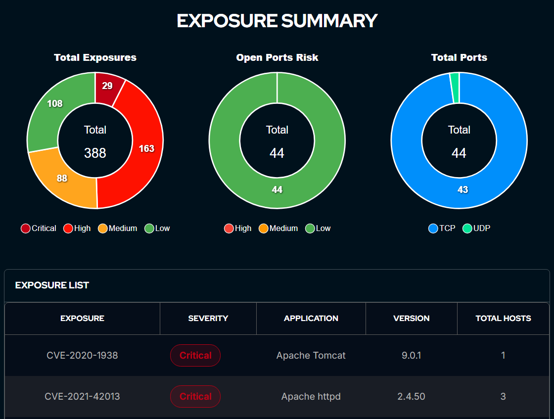 Vulnerability Management Dashboard with exposure summary and CVE list